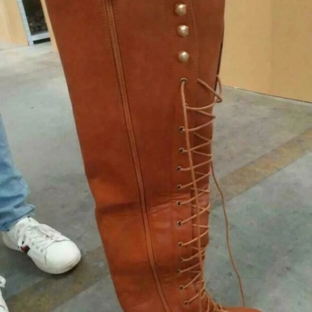 Brown Lace-Up Knee-High Boots